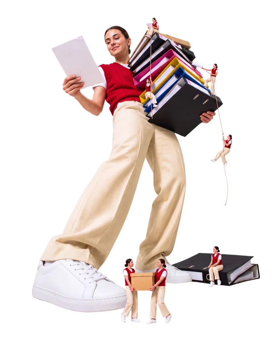 A lawyer reading a page while carrying a tall stack of binders, as a small team climbs and carries files around her